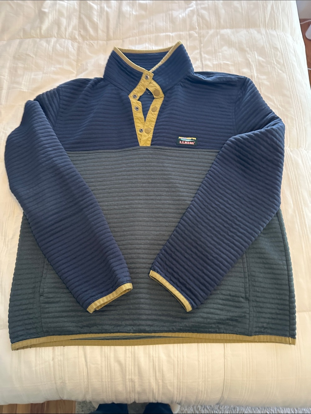LL BEAN Men’s Zip-Up Sweater Jacket in Navy, Olive & Gold Trim